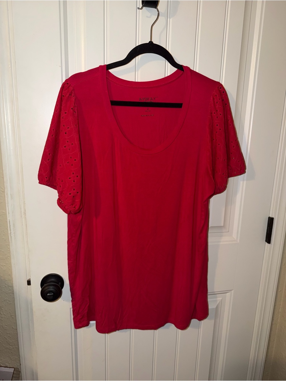 Casual hot pink Scoop Neck Women's Top with Eyelet Puff Sleeves